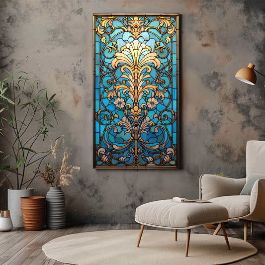 Victorian Blue Floral Stained Glass Art - Vintage Decor - Dalexi