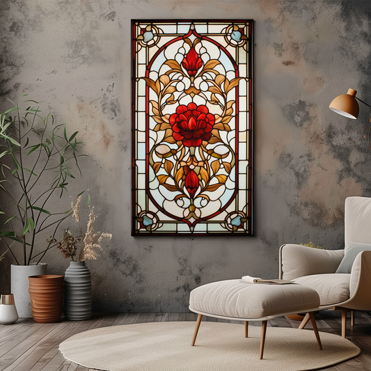 Victorian Red Flower Stained Glass Art - Floral Art - Dalexi