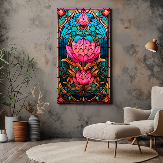 Victorian Pink Lotus Stained Glass Art - Floral Art - Dalexi