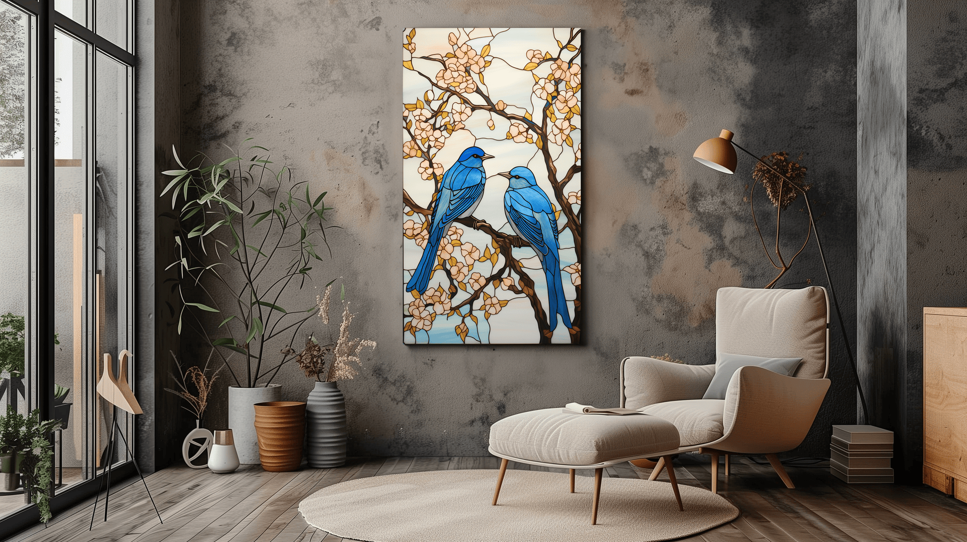 Blue Bird Stained Glass Art - Cherry Blossom Canvas Print