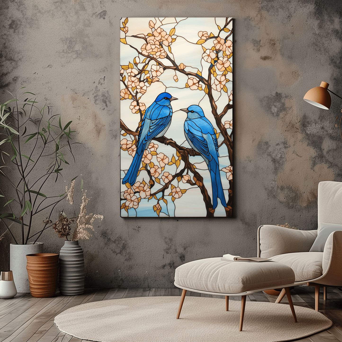 Blue Bird Stained Glass Art - Cherry Blossom Canvas Print