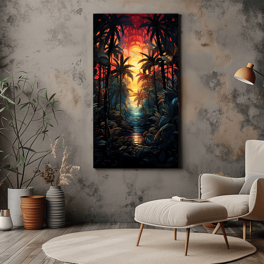 Tropical Sunset Wall Art - Jungle Canvas Print - Art Deco - Dalexi