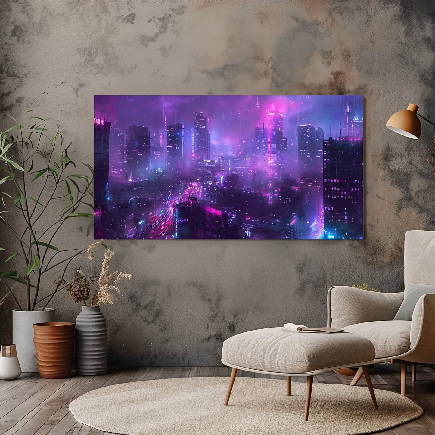 Cyberpunk Cityscape Canvas Wall Art - Futuristic Neon Skyline Decor