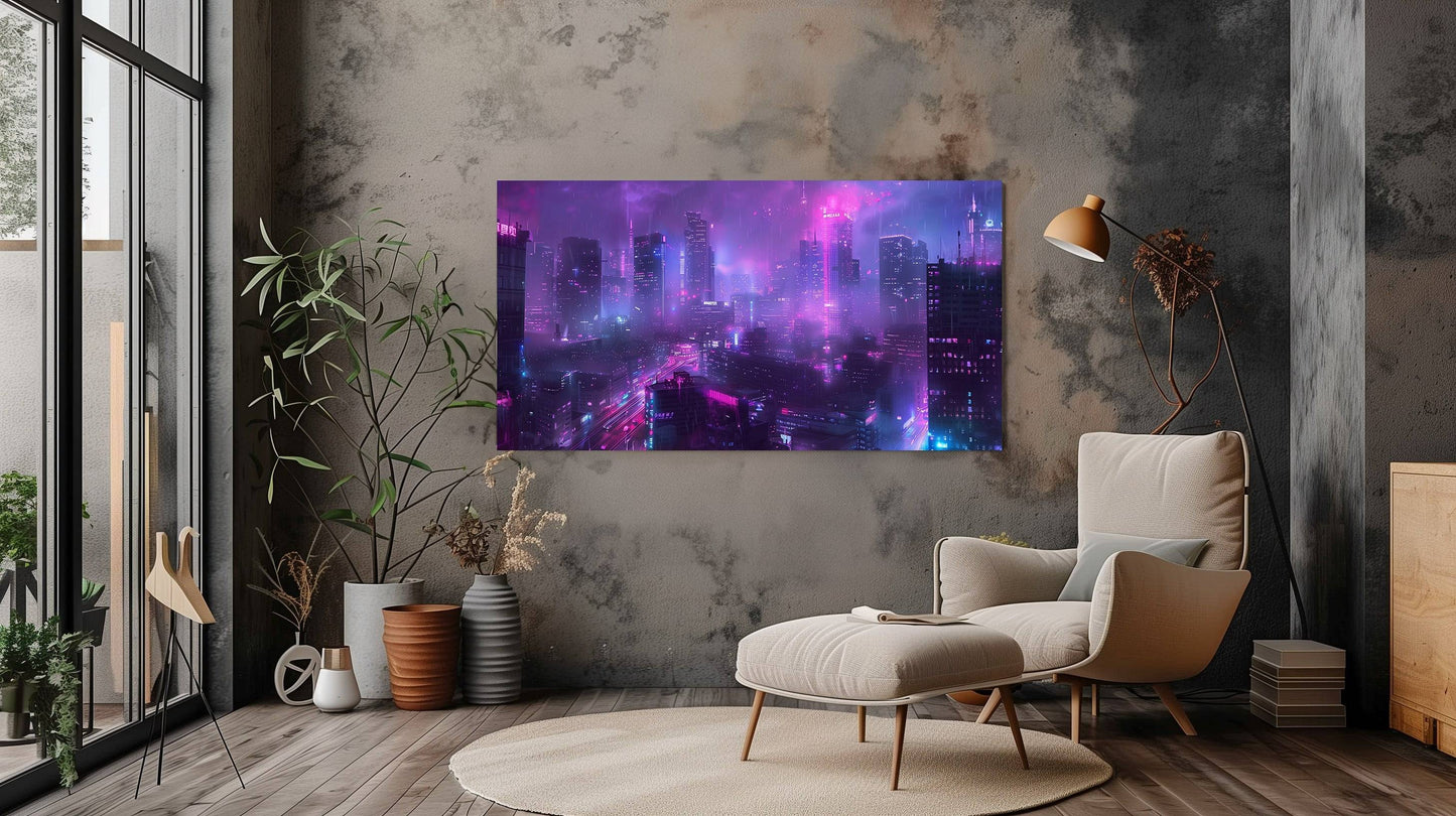 Cyberpunk Cityscape Canvas Wall Art - Futuristic Neon Skyline Decor