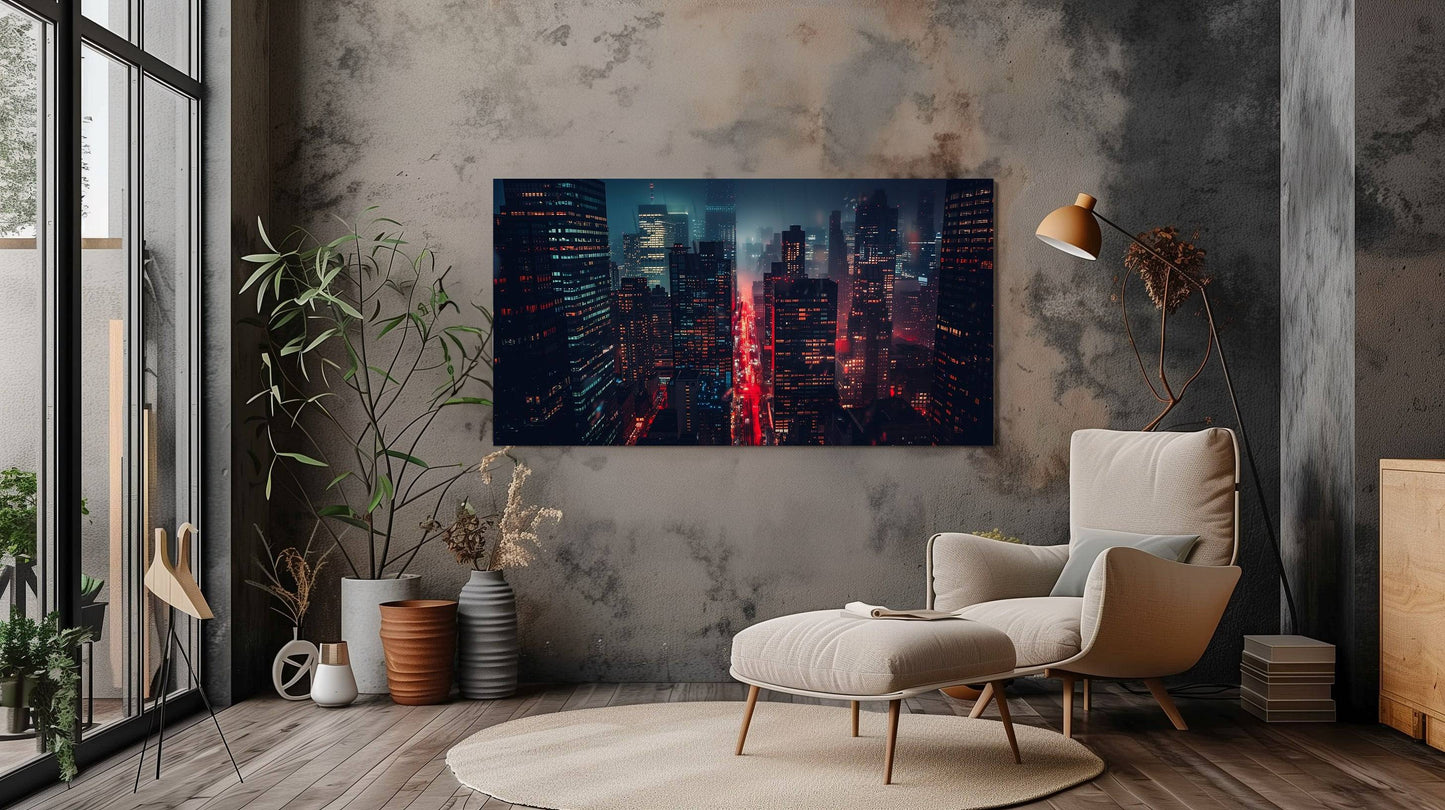 Modern Cityscape Canvas Wall Art - Futuristic Urban Night Skyline