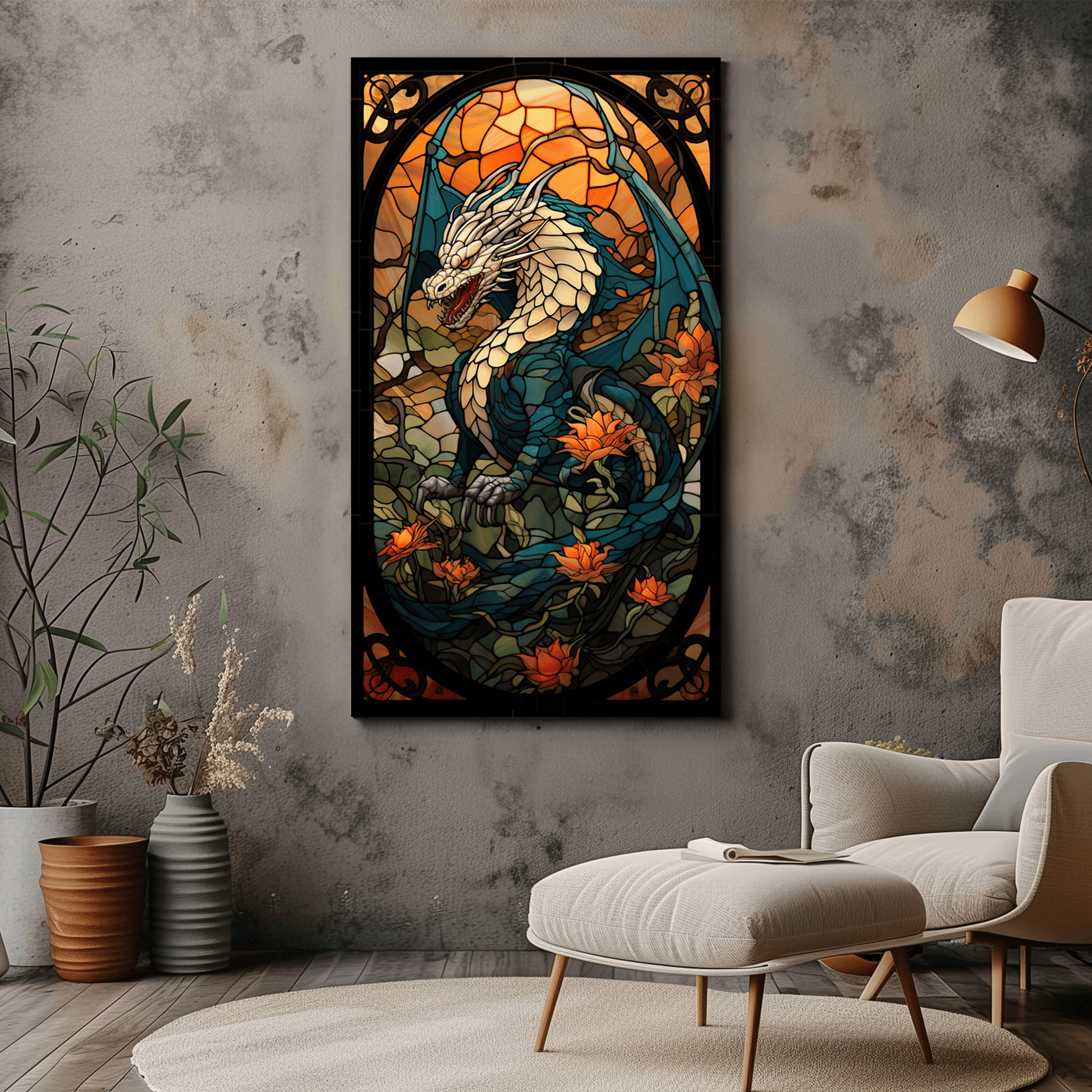 Dragon Stained Glass Art Print - Vibrant Fantasy Canvas