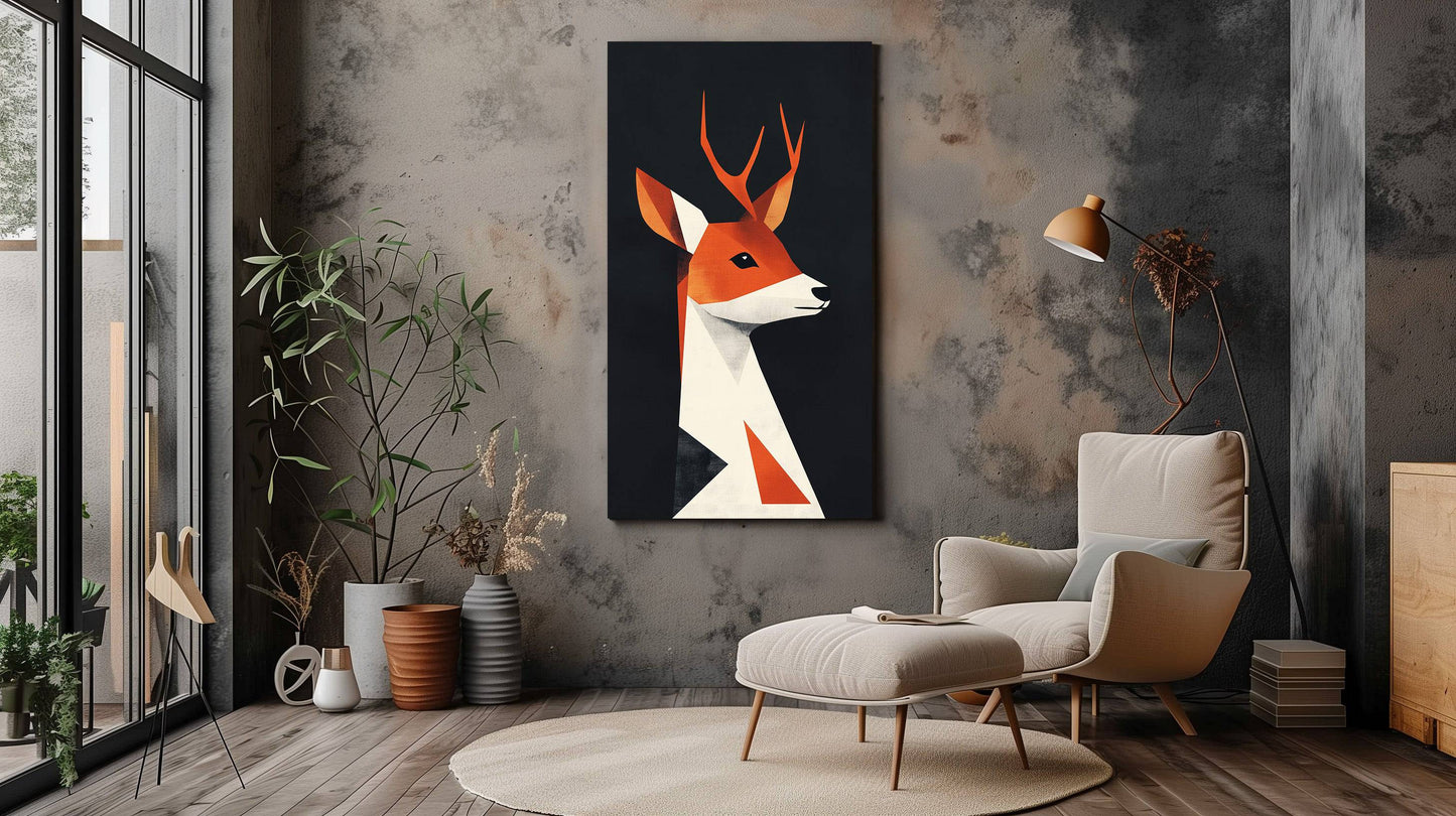 Geometric Deer Canvas Wall Art – Abstract Modern Orange & Black Design