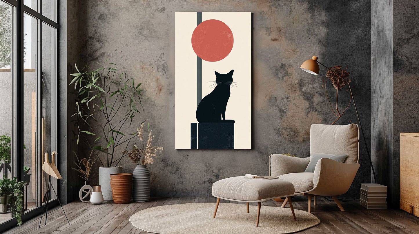 Minimalist Cat Canvas Wall Art - Black Cat with Red Sun