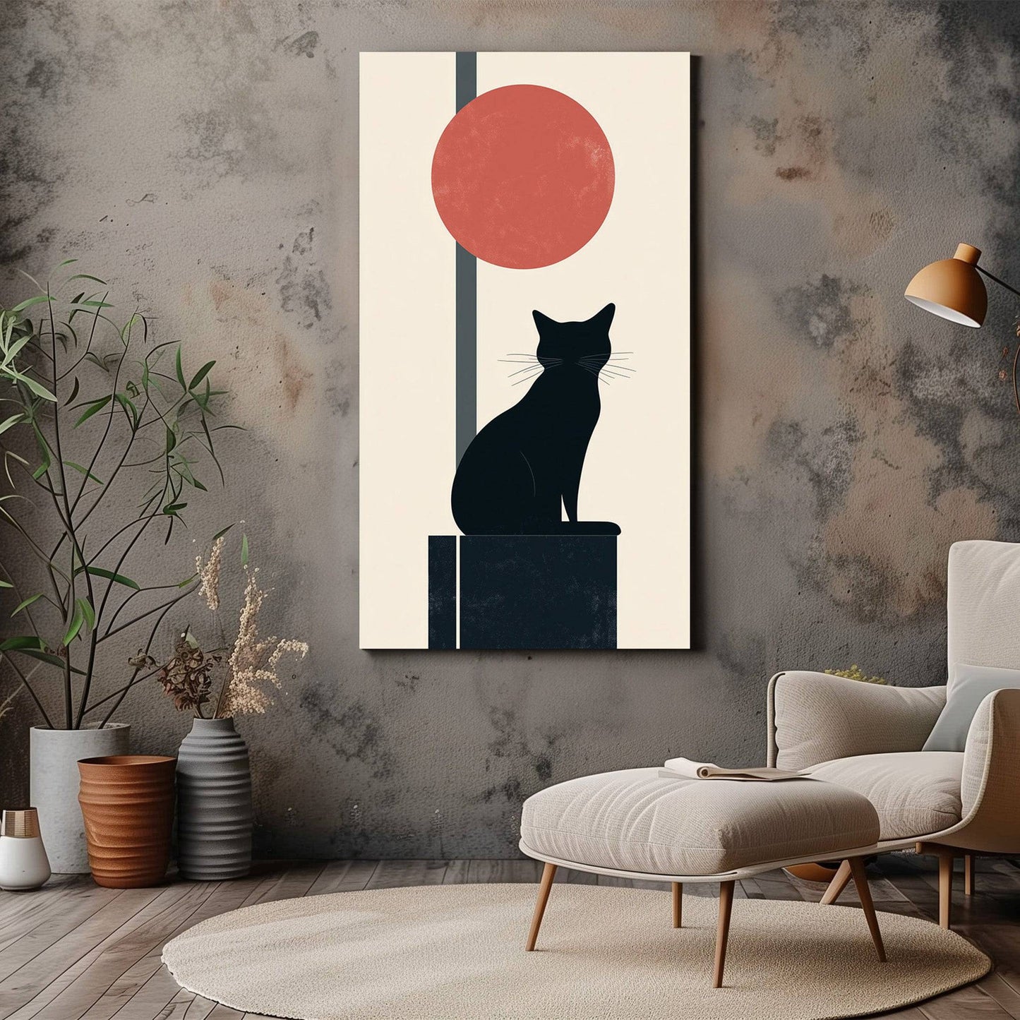 Minimalist Cat Canvas Wall Art - Black Cat with Red Sun