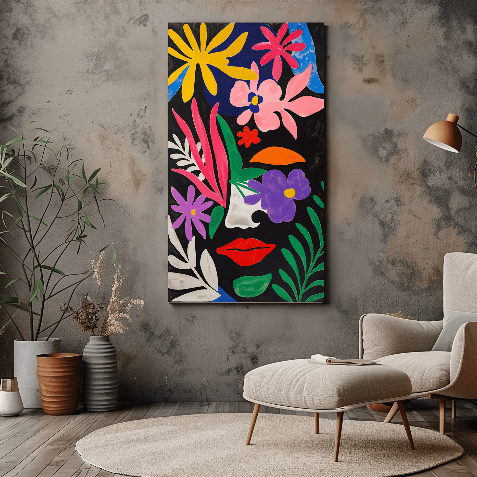 Modern Abstract Colourful Flowers and Face Canvas Print - Dalexi