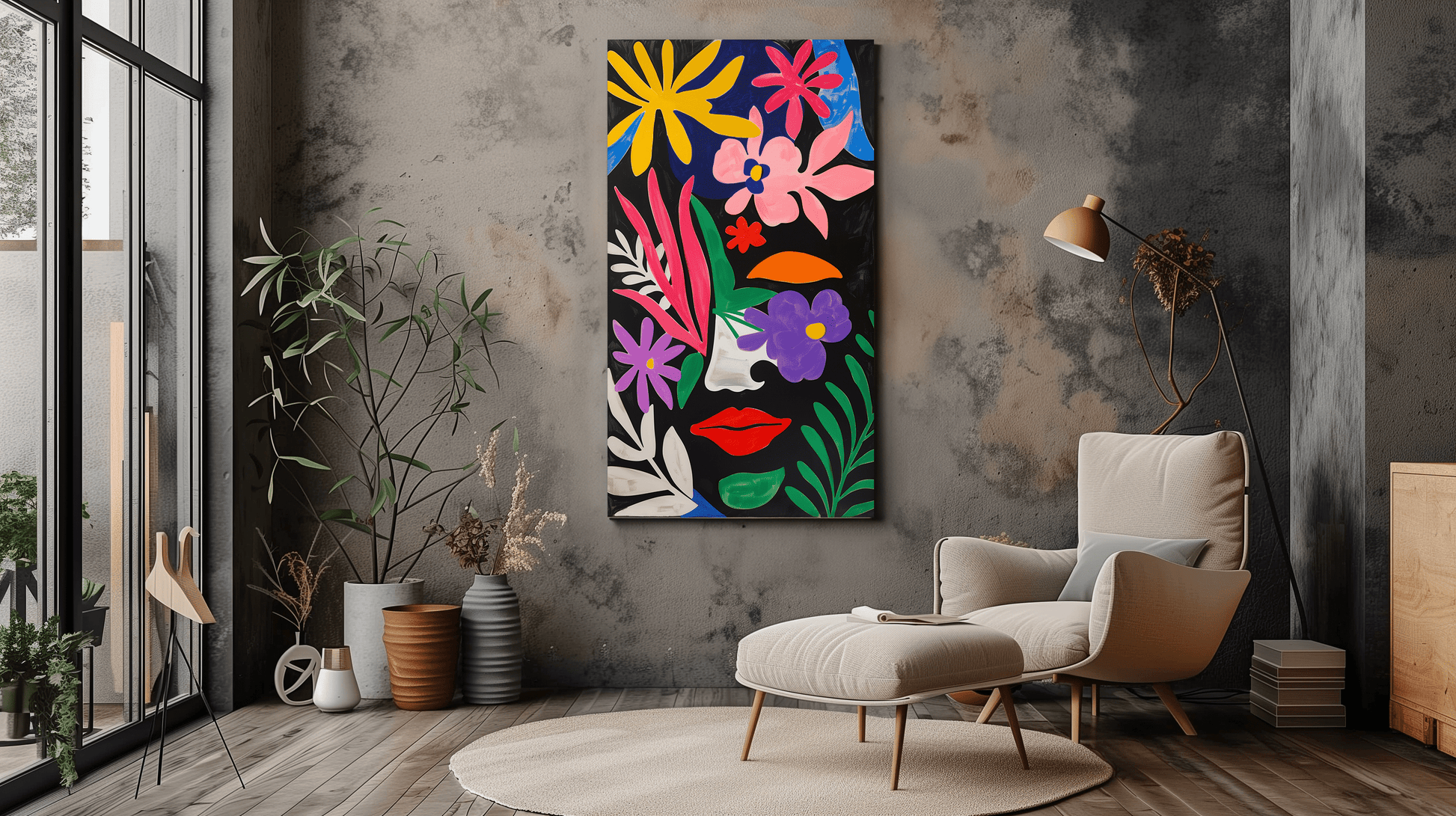 Modern Abstract Colourful Flowers and Face Canvas Print - Dalexi