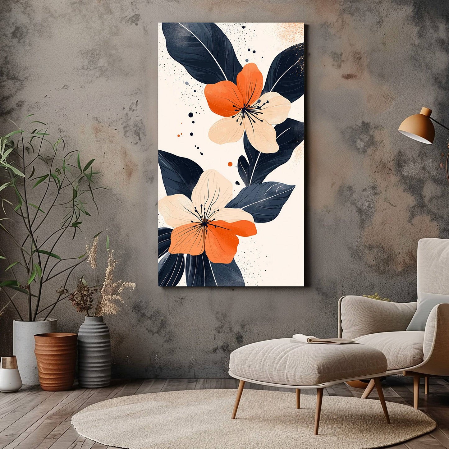 Orange and Cream Floral Canvas Wall Art – Minimalist Abstract Flower