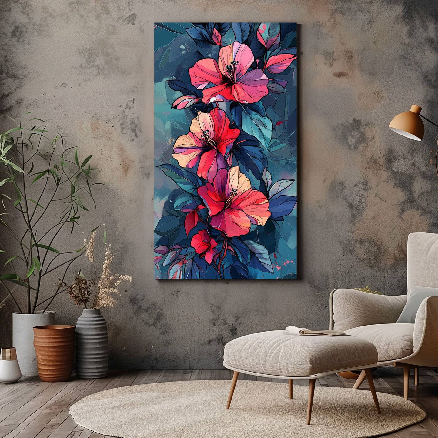 Pink and Blue Floral Canvas Wall Art