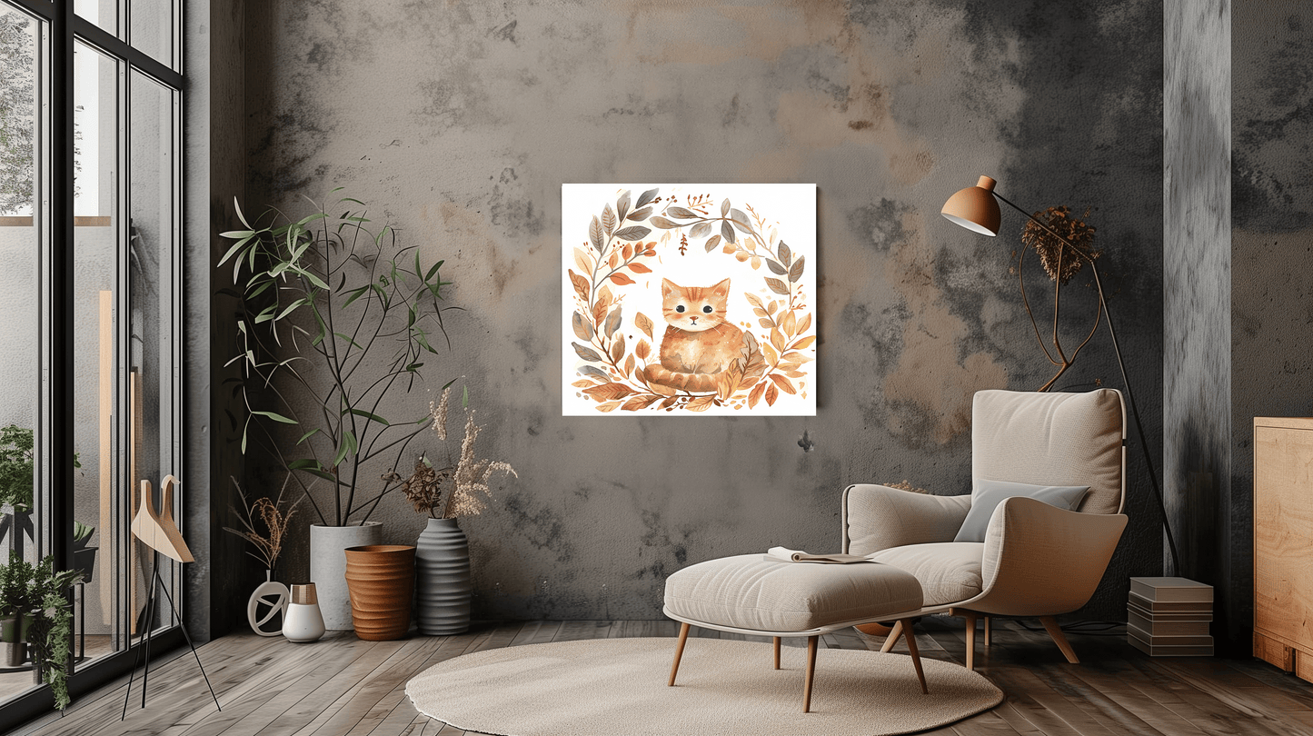 Autumn Cat Watercolour Art - Cute Kitten Portrait Decor - Dalexi