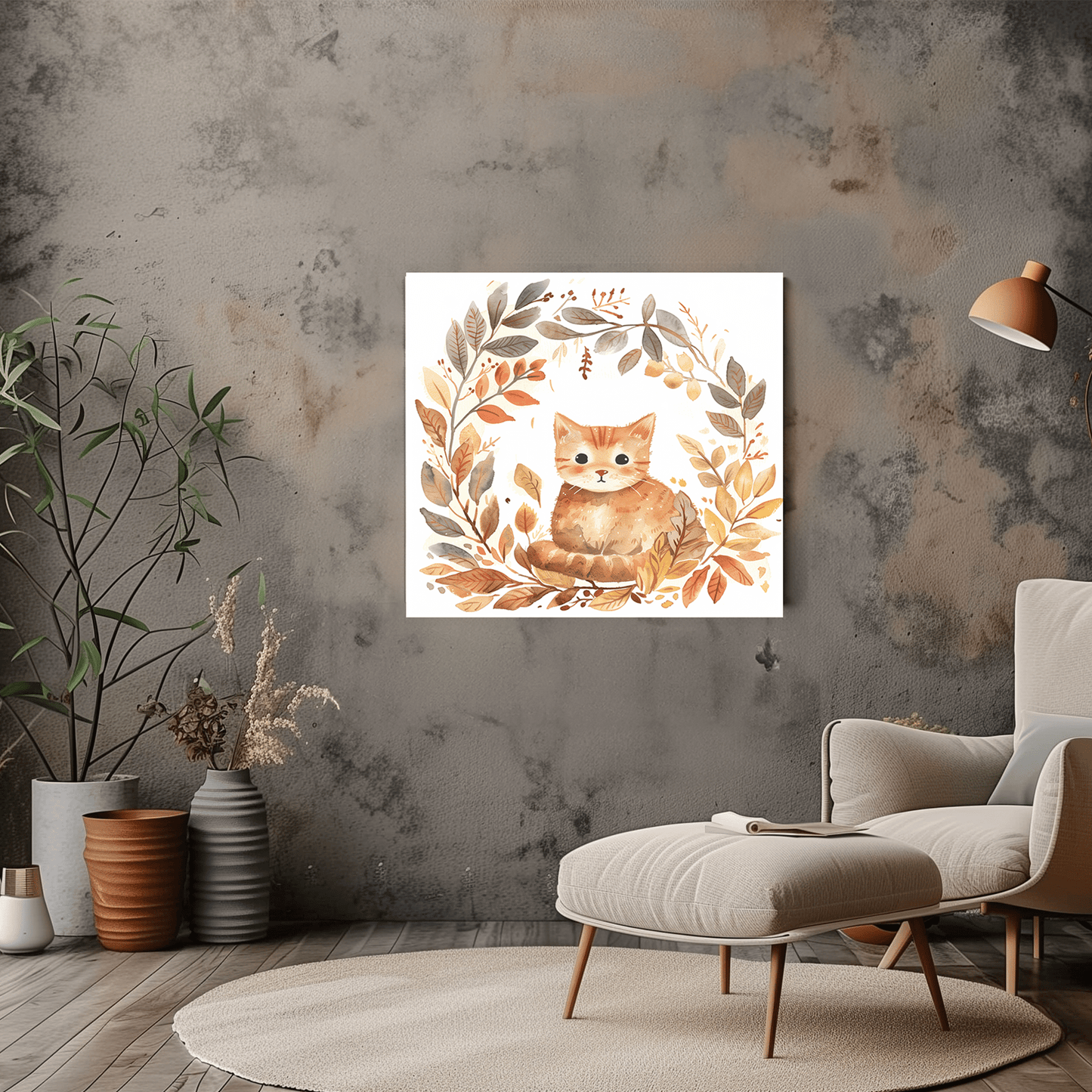 Autumn Cat Watercolour Art - Cute Kitten Portrait Decor - Dalexi