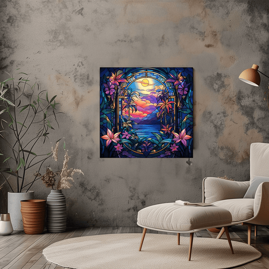 Colourful Tropical Landscape Canvas in Stained Glass Style - Art Deco - Dalexi