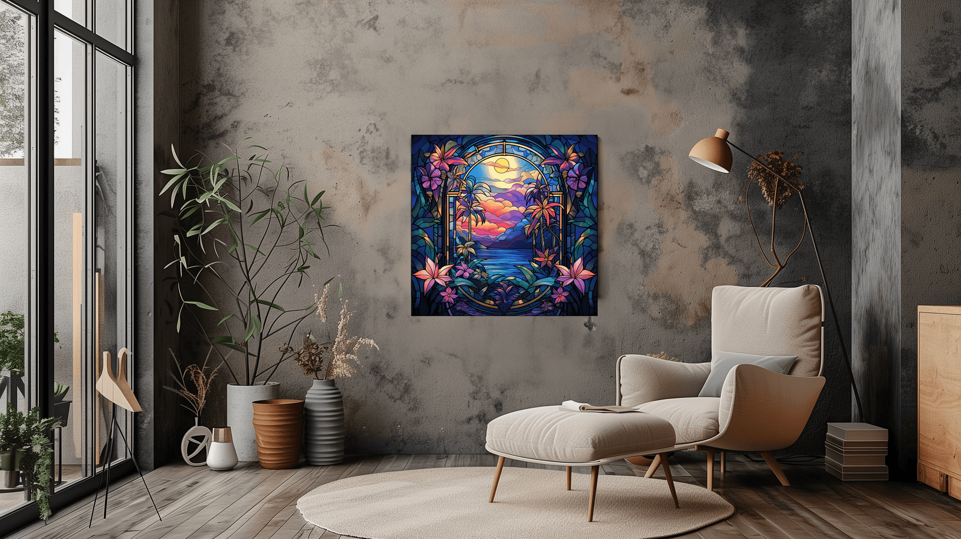 Colourful Tropical Landscape Canvas in Stained Glass Style - Art Deco - Dalexi