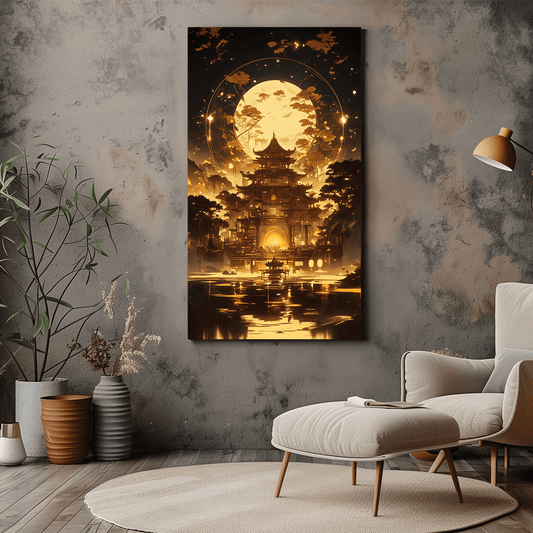 Golden Temple and Full Moon Canvas - Beautiful Night Wall Art - Dalexi