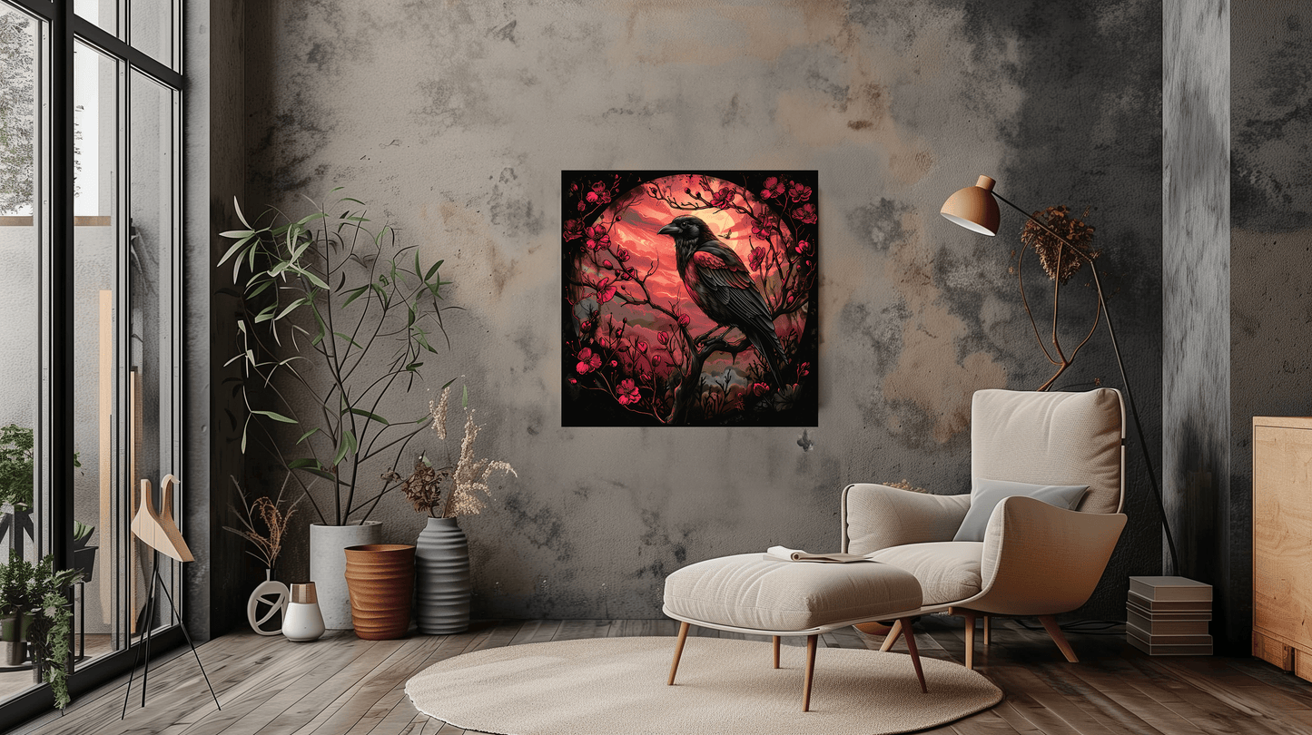 Gothic Raven with Red Flowers Canvas Art - Dark Floral Wall Decor - Dalexi