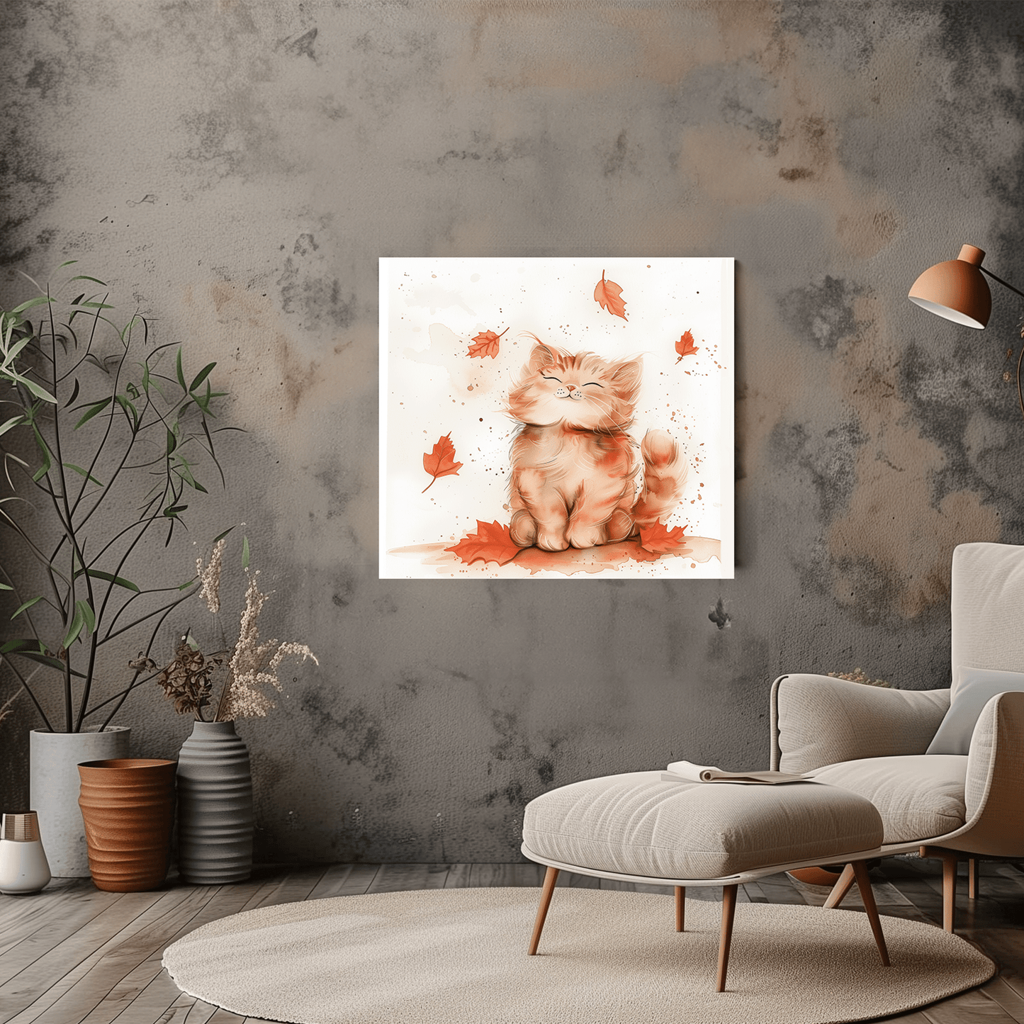 Kitten with Autumn Leaves Watercolour Canvas Print - Adorable Cat Art - Dalexi