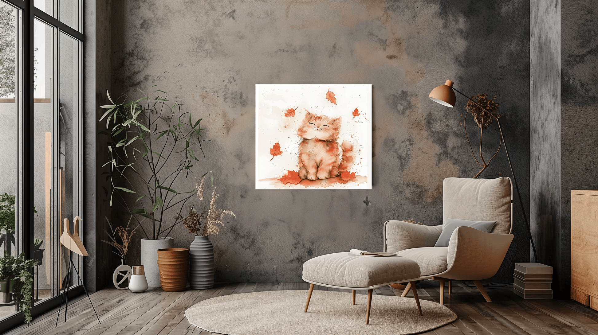 Kitten with Autumn Leaves Watercolour Canvas Print - Adorable Cat Art - Dalexi