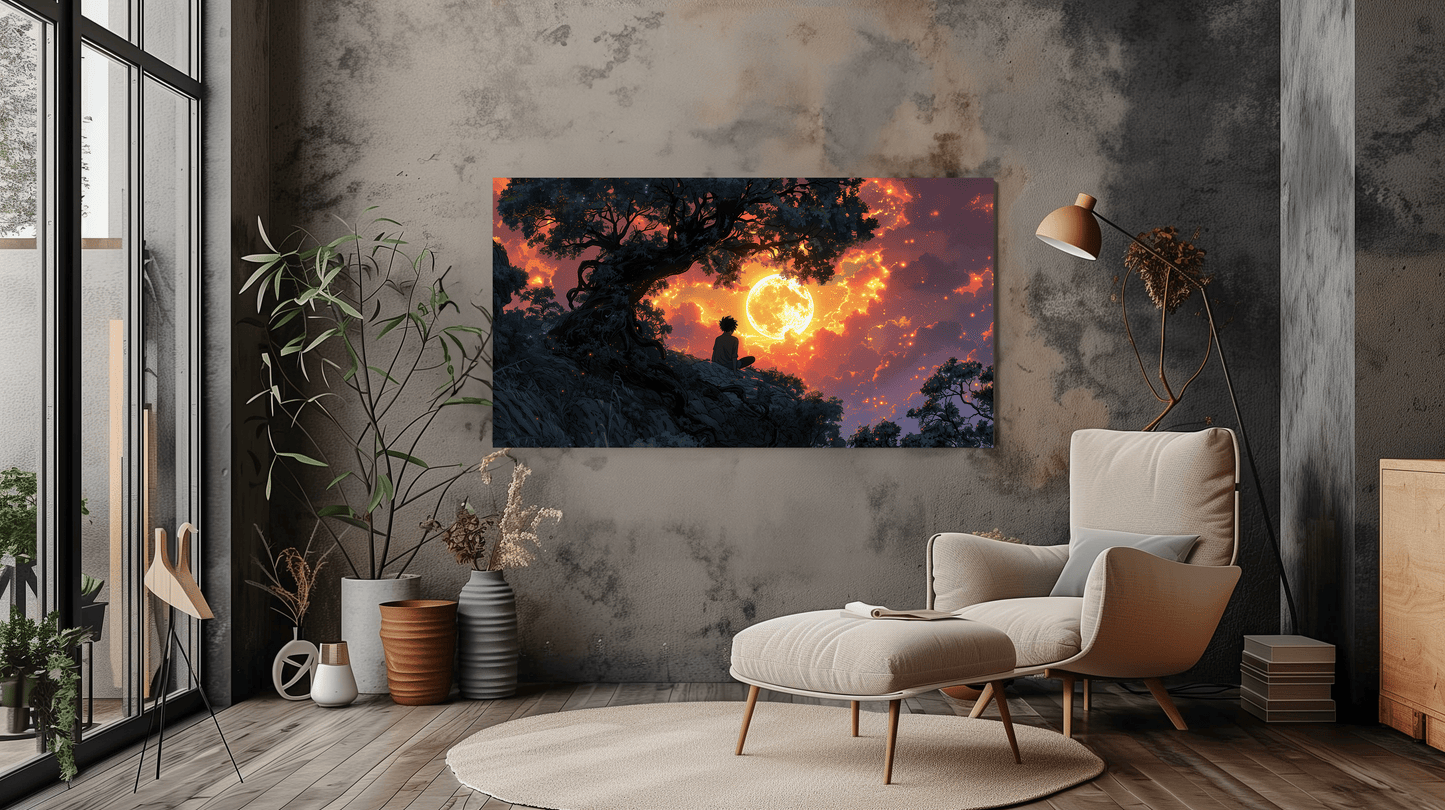 Meditation Under Moonlit Sky Canvas Wall Art - Serene Night Landscape - Dalexi