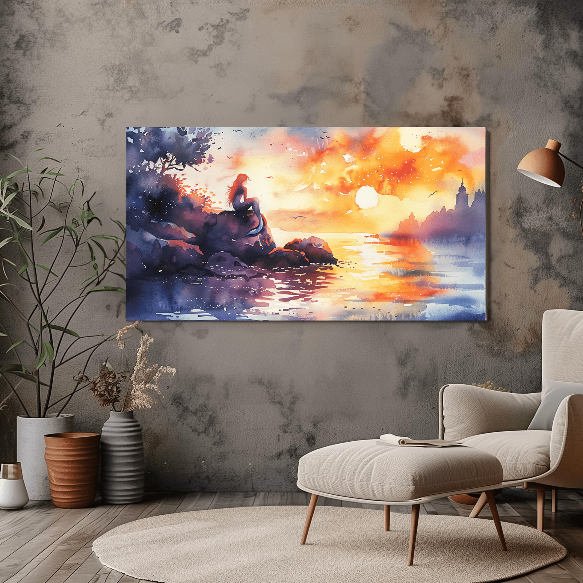 Mermaid Sunset Canvas Art - Beautiful Watercolour Ocean Decor - Dalexi