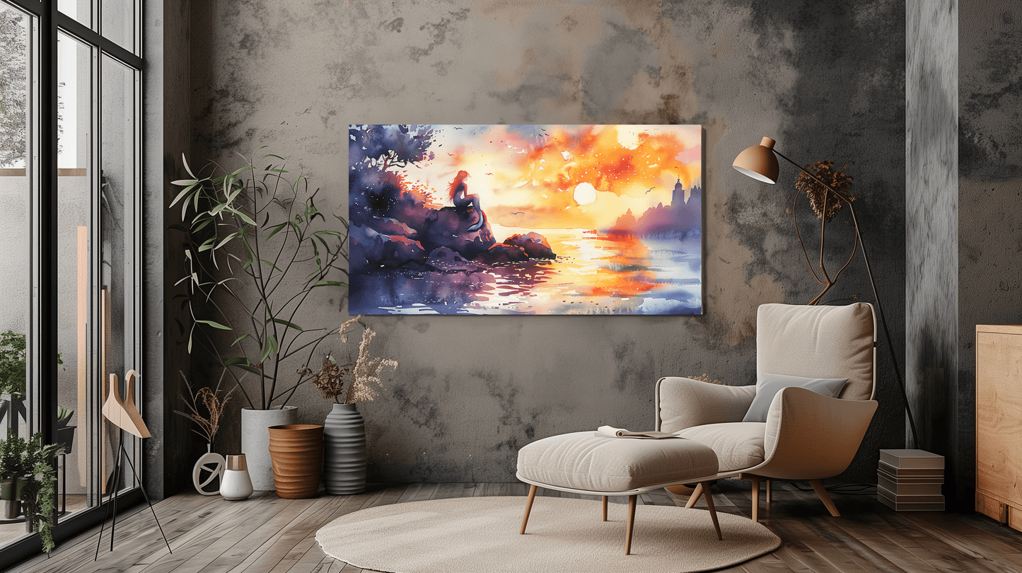 Mermaid Sunset Canvas Art - Beautiful Watercolour Ocean Decor - Dalexi