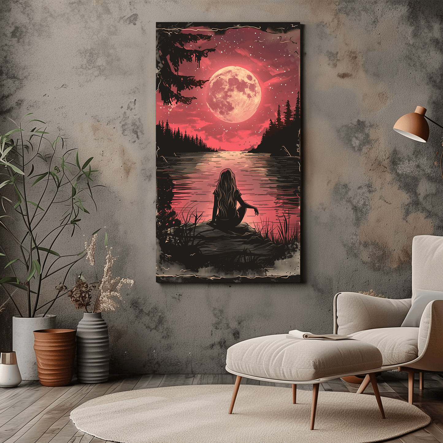 Moonlit Lake Canvas Art - Night Sky Decor - Dalexi
