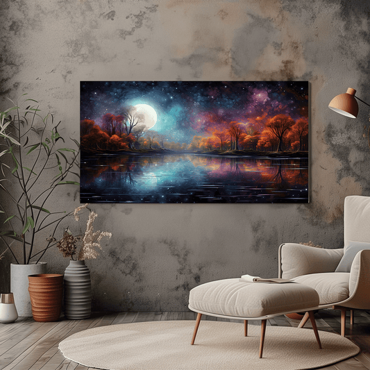 Moonlit Lake Canvas Art - Starry Night and Scenic Landscape Decor - Dalexi