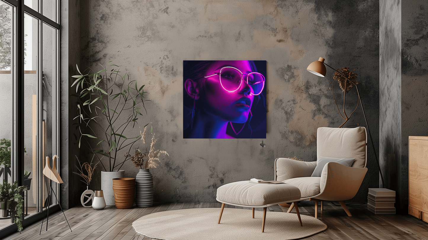 Neon-Lit Glasses Woman Portrait Wall Art Print - Modern Home Decor - Dalexi