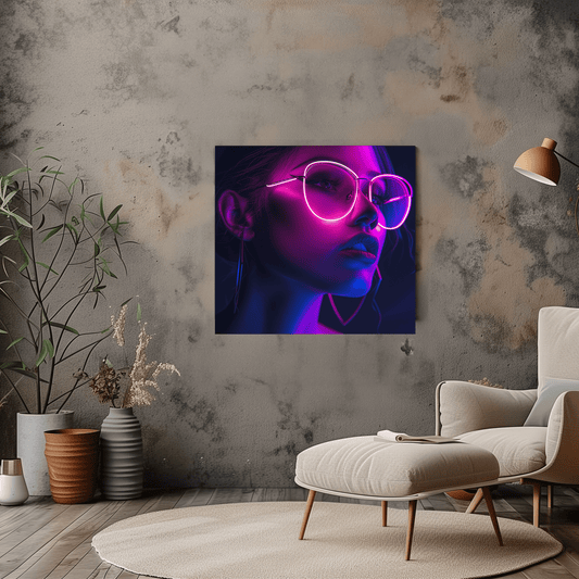 Neon-Lit Glasses Woman Portrait Wall Art Print - Modern Home Decor - Dalexi