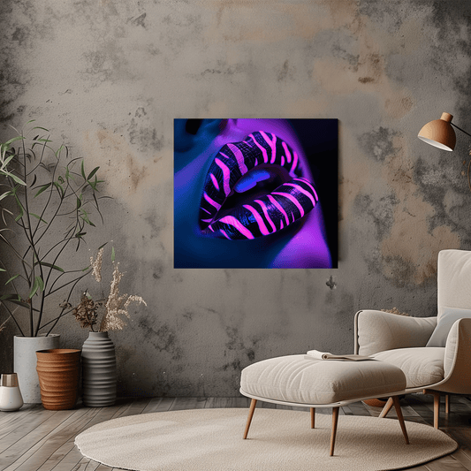 Neon Zebra Stripe Lips Wall Art Print - Modern Home Decor - Dalexi