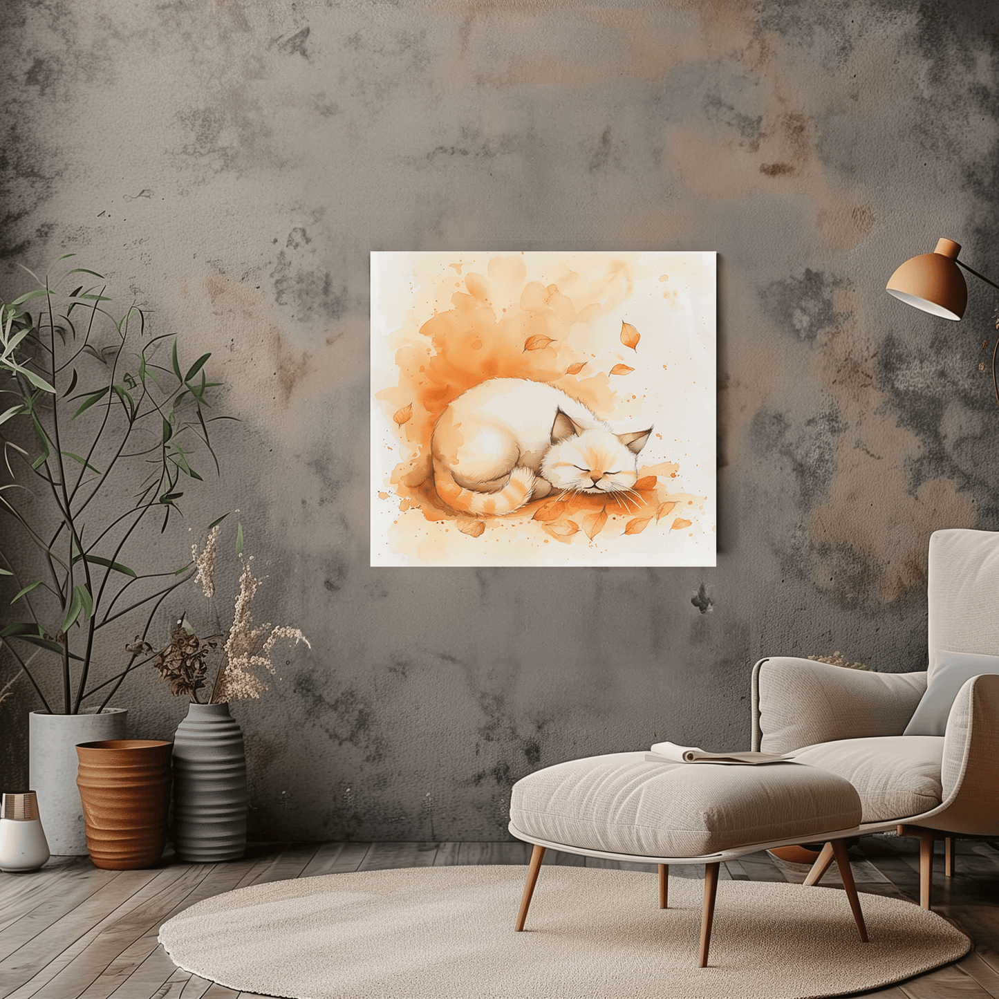 Peaceful Cat with Autumn Leaves Watercolour Canvas Print - Wall Art - Dalexi