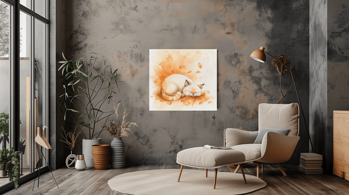 Peaceful Cat with Autumn Leaves Watercolour Canvas Print - Wall Art - Dalexi