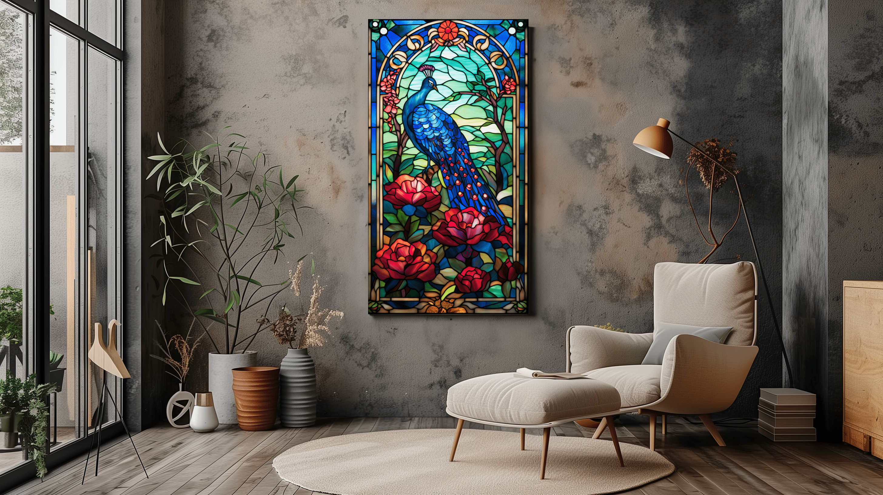 Peacock Stained Glass Art - Peacock Canvas Print - Wall Art - Dalexi