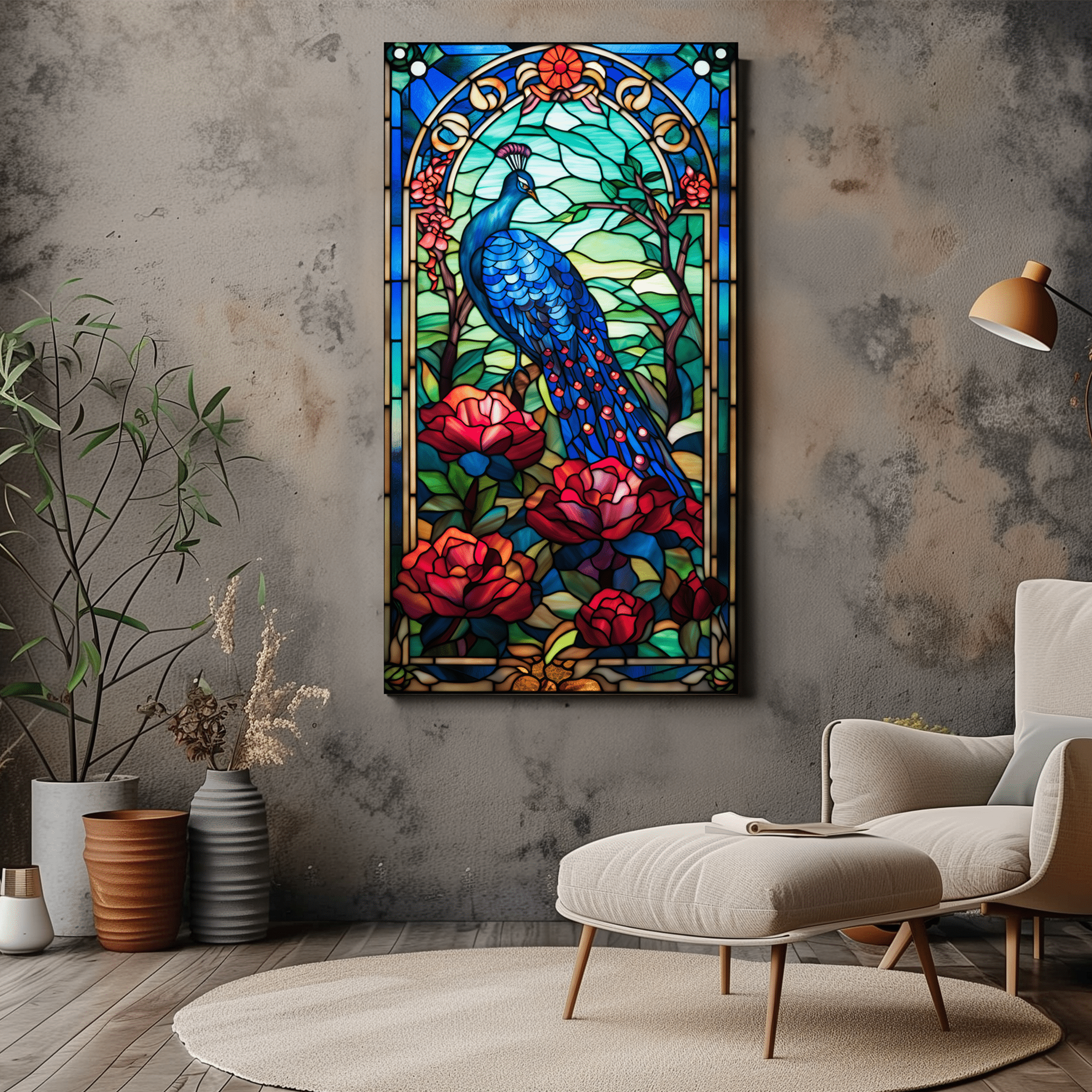 Peacock Stained Glass Art - Peacock Canvas Print - Wall Art - Dalexi