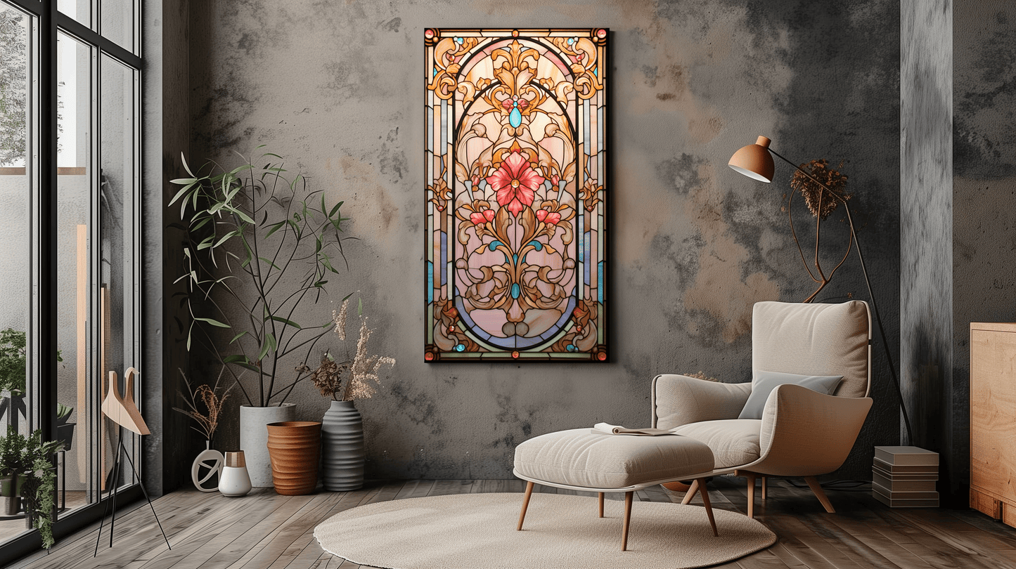 Pink Victorian Stained Glass Art - Floral Vintage Decor - Dalexi