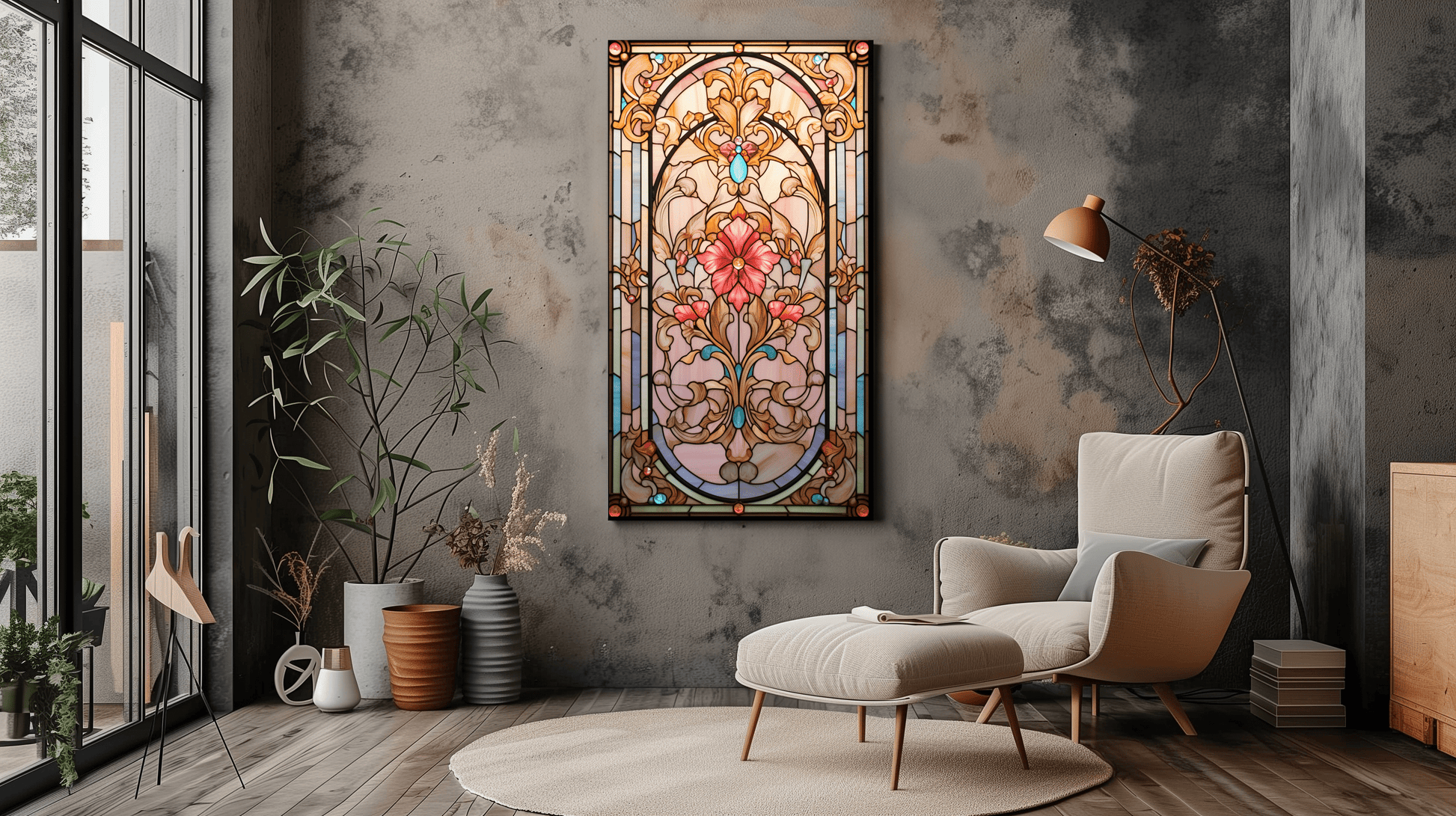 Pink Victorian Stained Glass Art - Floral Vintage Decor - Dalexi