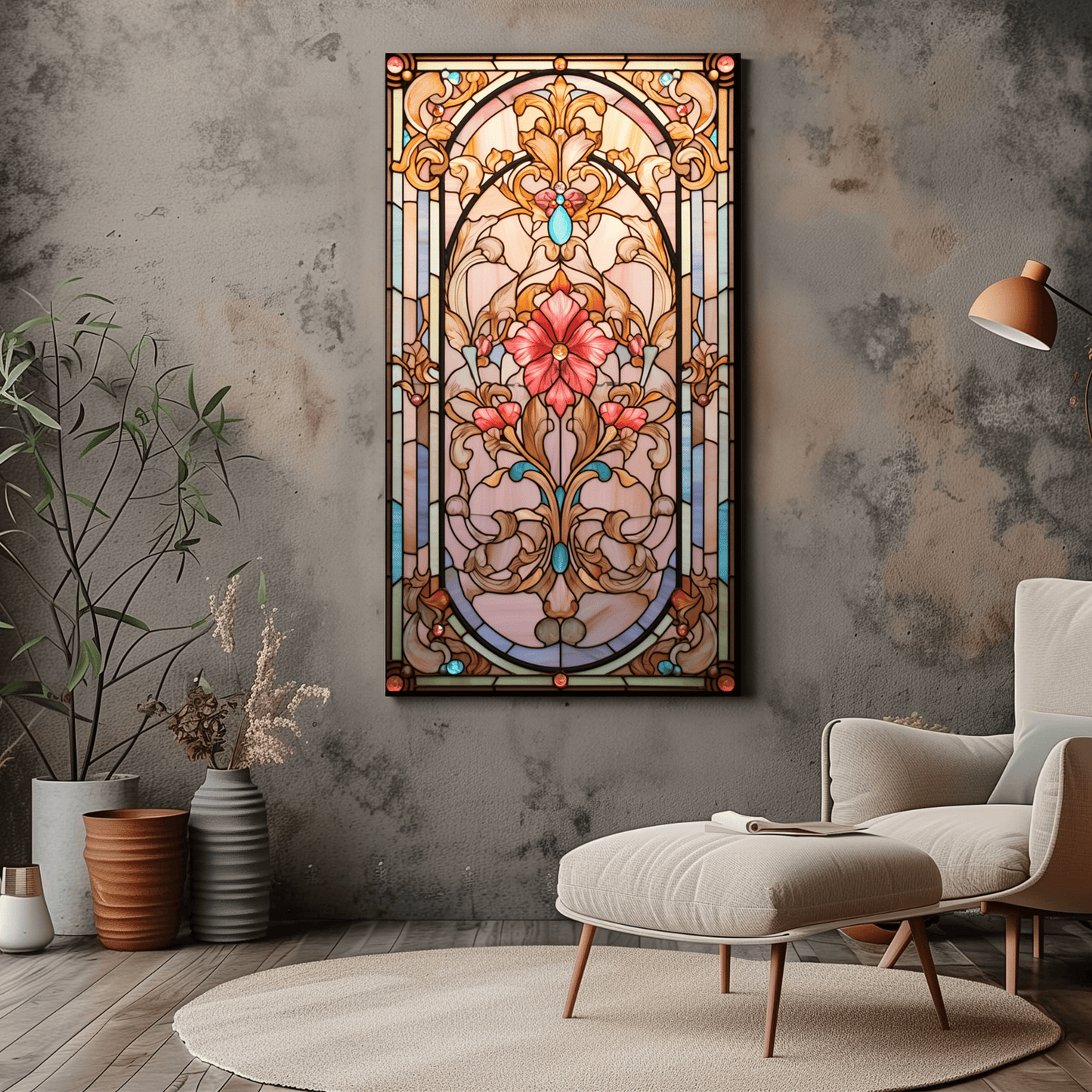 Pink Victorian Stained Glass Art - Floral Vintage Decor - Dalexi