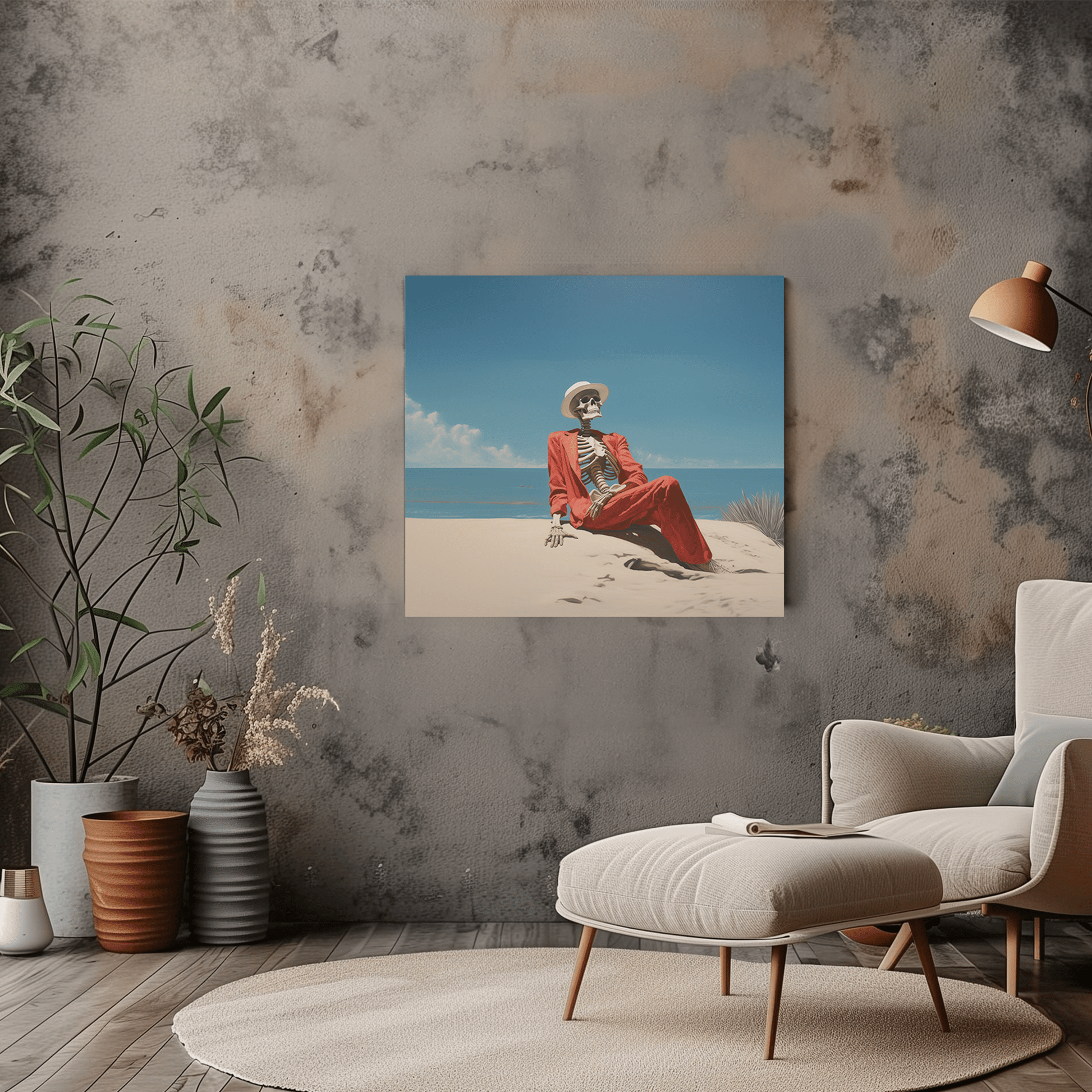 Quirky Skeleton Beach Art - Skeleton in Red Suit Canvas - Dalexi