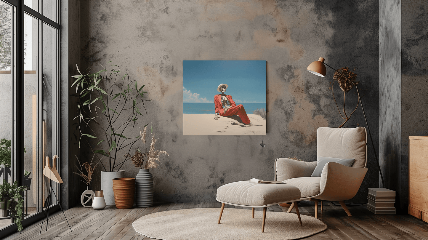 Quirky Skeleton Beach Art - Skeleton in Red Suit Canvas - Dalexi