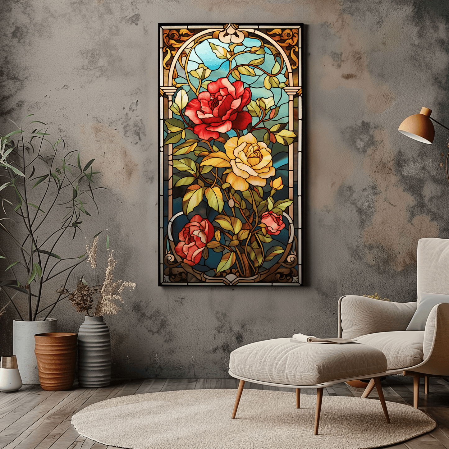 Rose Garden Stained Glass Art - Victorian Decor - Floral Art - Dalexi