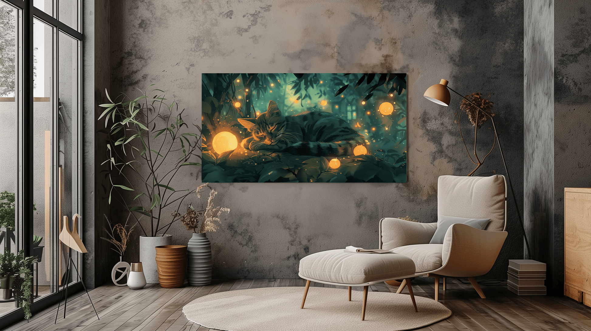 Sleeping Cat in Enchanted Forest Canvas Wall Art - Magical Dreamscape Decor - Dalexi