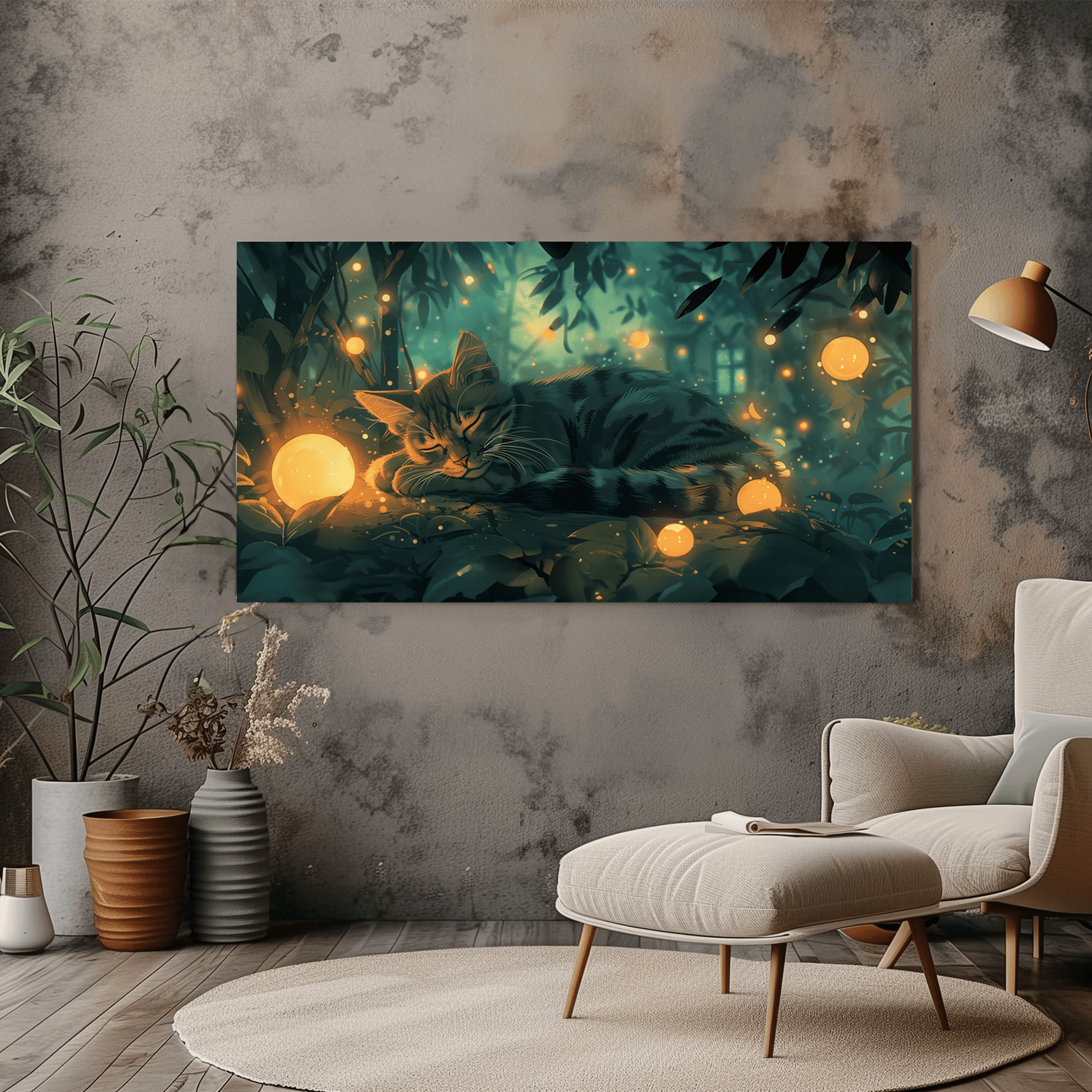 Sleeping Cat in Enchanted Forest Canvas Wall Art - Magical Dreamscape Decor - Dalexi