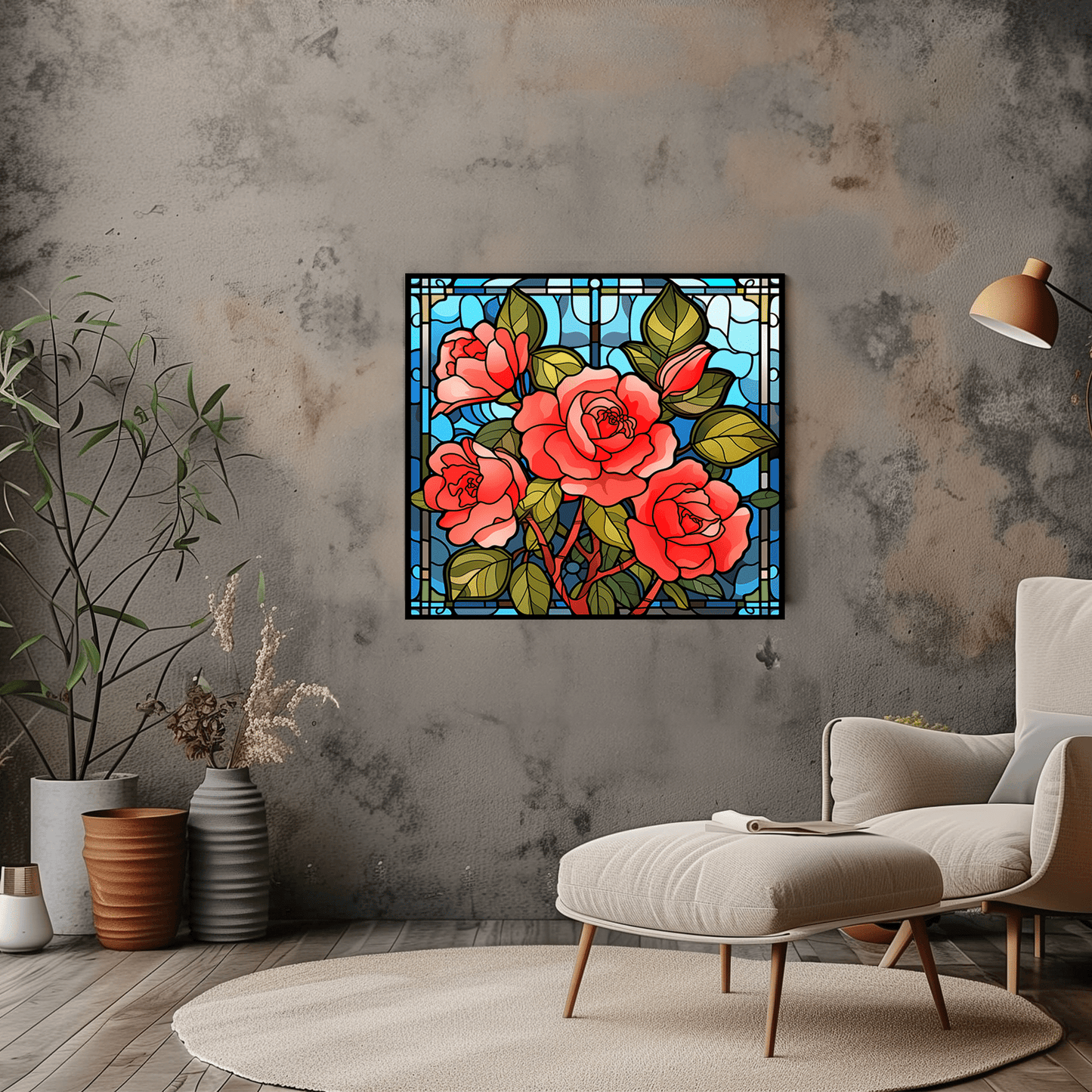 Stained Glass Roses Canvas Print - Floral Art Panel Window Decor - Dalexi