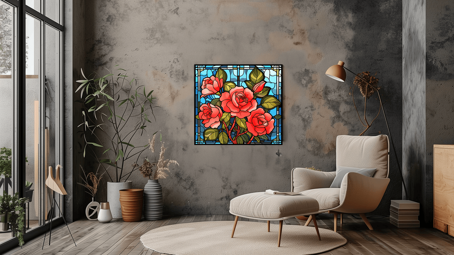 Stained Glass Roses Canvas Print - Floral Art Panel Window Decor - Dalexi