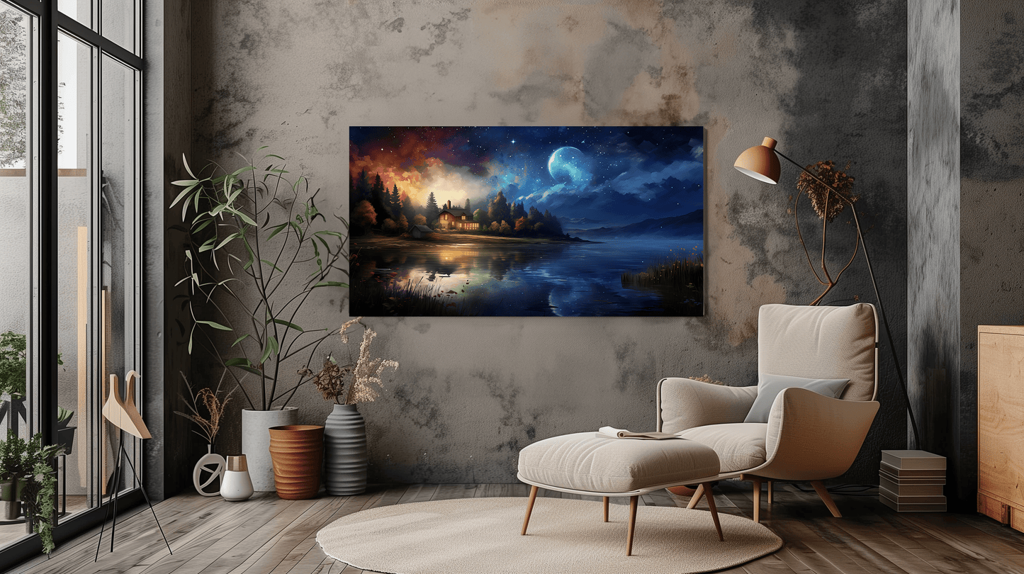 Starry Night Sky Canvas Art - Moonlit Lake and House Decor - Dalexi