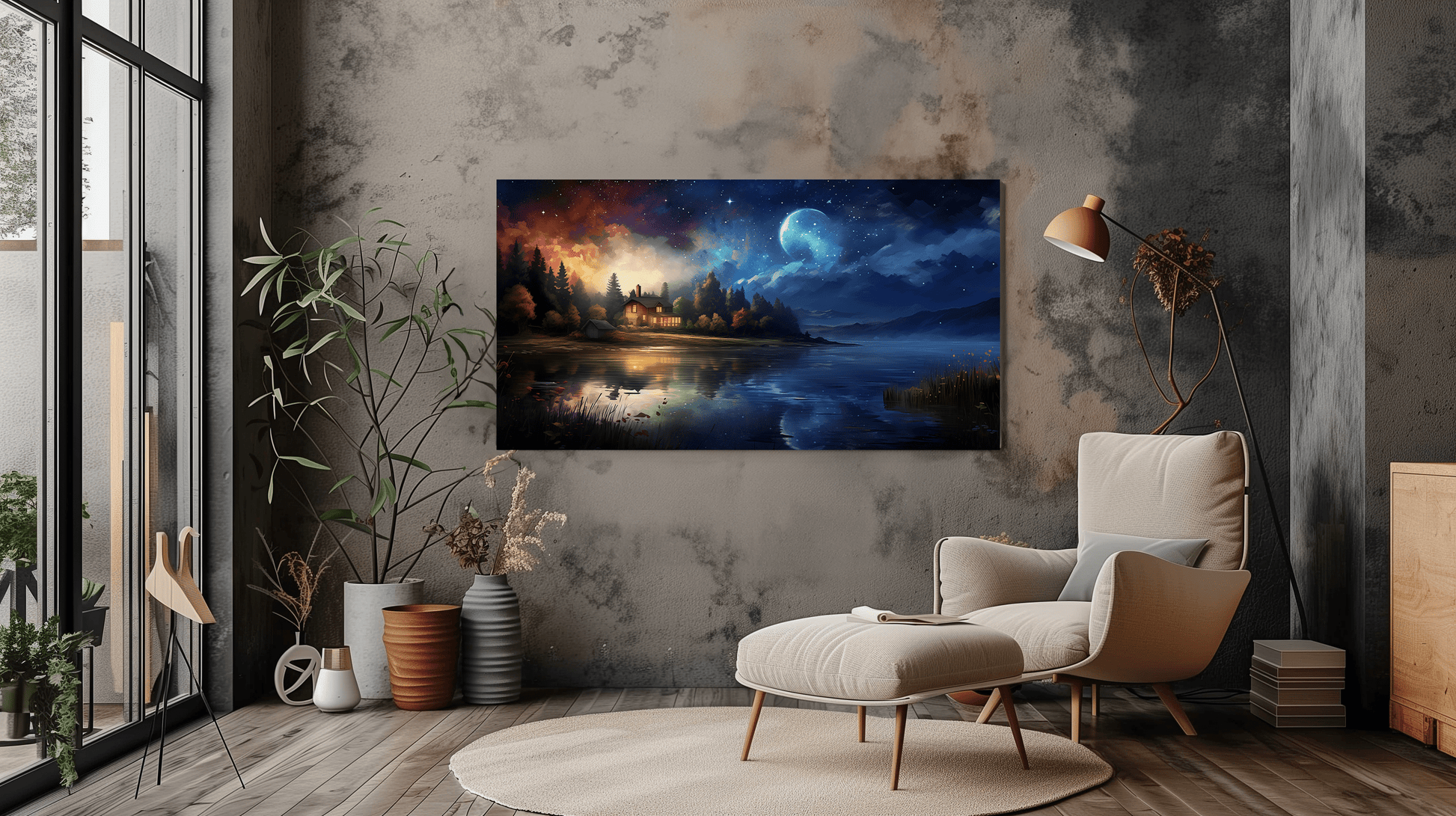 Starry Night Sky Canvas Art - Moonlit Lake and House Decor - Dalexi