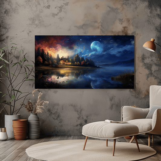 Starry Night Sky Canvas Art - Moonlit Lake and House Decor - Dalexi